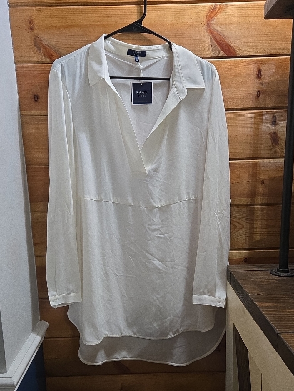 Kaari Blue White V-Neck Collared Long-Sleeve Blouse Size Large 0547